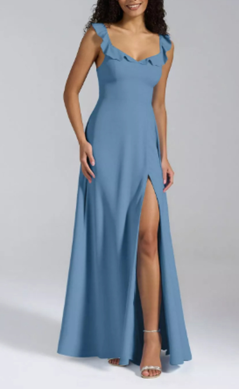 AW BRIDAL 0 XS dusty blue Sam chiffon wedding party gala maxi dress NEW B39